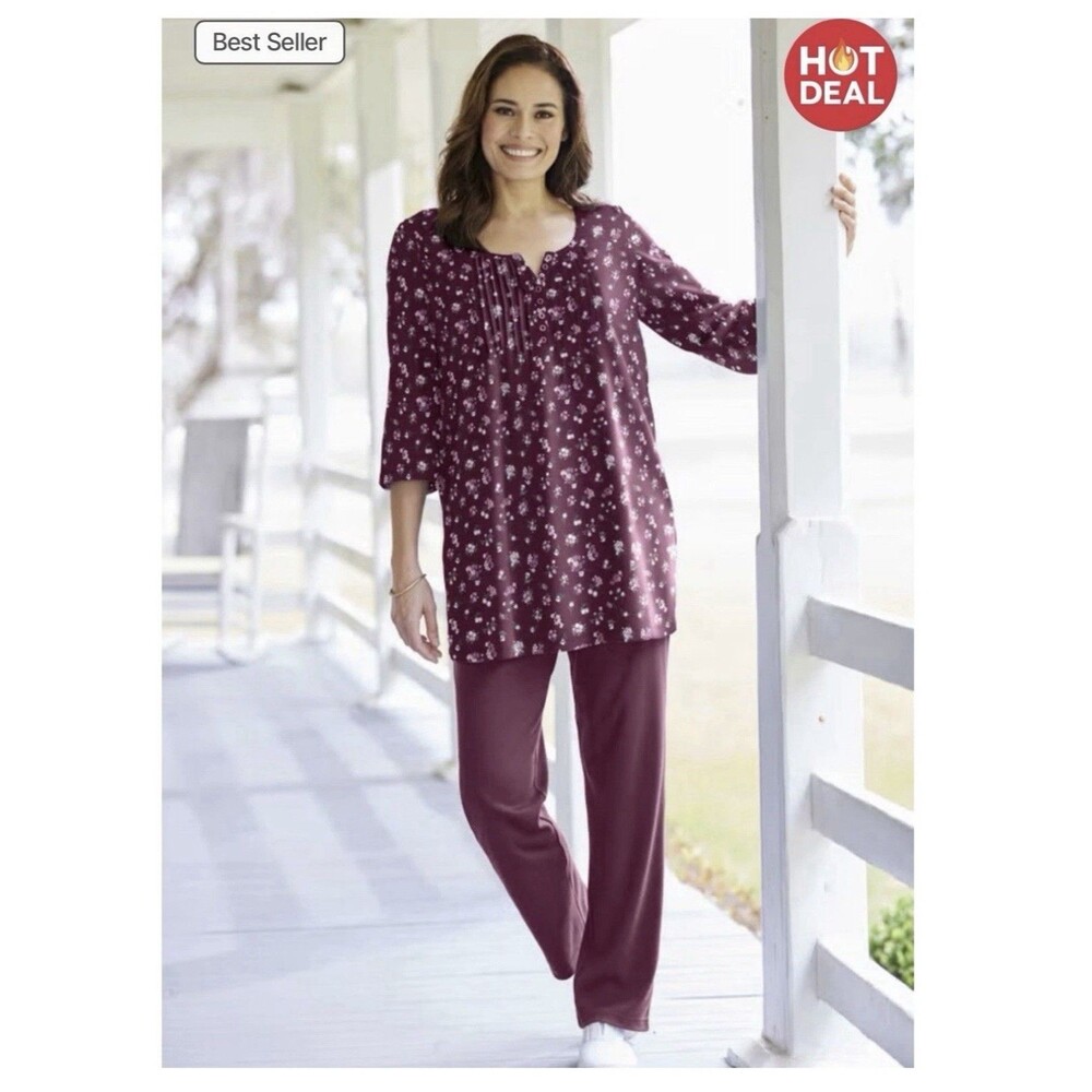 Woman Within 7-Day Three-Quarter Roll Sleeve Paisley Floral Henley Tunic Large